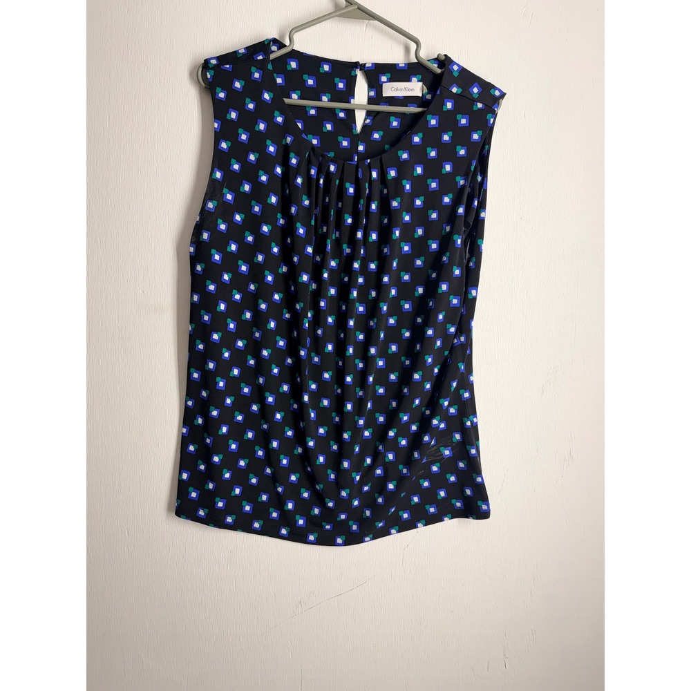 Calvin Klein XL Sleeveless Pleated Blouse Black Blue Geometric Square Print Top